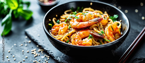 Succulent shrimp stir-fry nestled in a bed of seasoned noodles, garnished with sesame seeds and fresh herbs