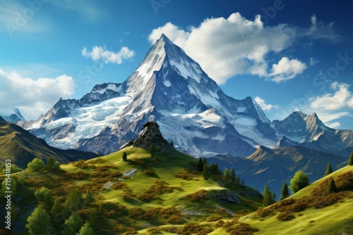  a painting of a mountain with green grass and trees in the foreground and a blue sky with clouds in the background.
