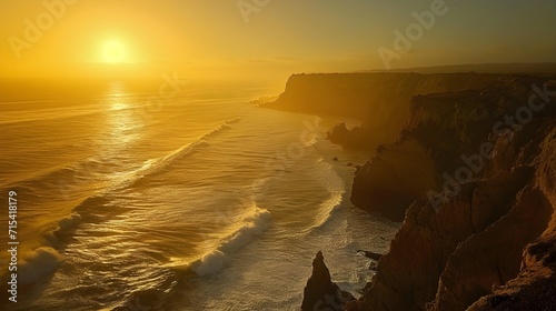Coastal Cliffs at Sunset, Dramatic cliffs along the coastline with waves crashing below, background image, generative AI
