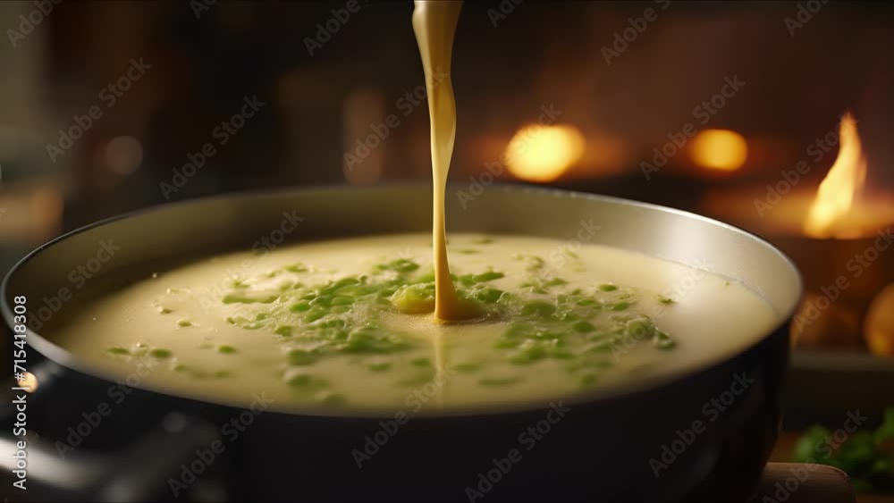 Closeup of a mixing s stirring a creamy and nutritious soup in a bubbling pot.