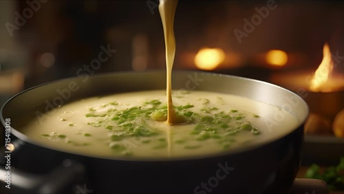 Closeup of a mixing s stirring a creamy and nutritious soup in a bubbling pot. photo