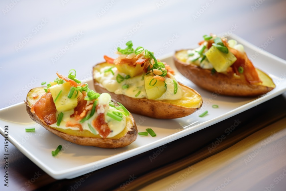 trio of potato skins with cheese, bacon, and green onions