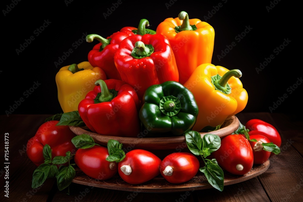  a pile of red, yellow, and green peppers on top of a wooden platter on a wooden table.