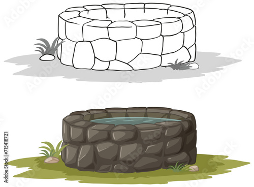 Two vector illustrations of stone wells.