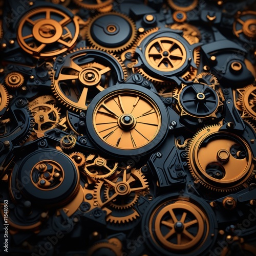  a close up of a bunch of clocks on a black and gold background with focus on the center of the clock.