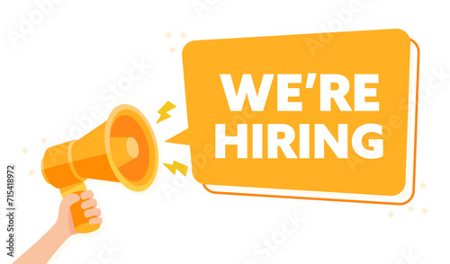 Vibrant We re Hiring Advertisement with Hand Holding Megaphone Vector Illustration