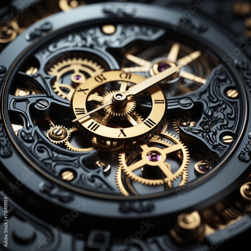  a close up of a watch face with a gold and black clock face and gears on the face of the watch.