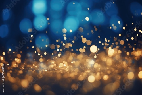  a blurry image of a blue and gold background with boke of lights in the middle of the image.
