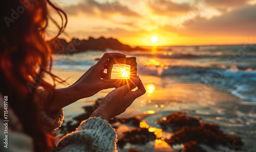 Fotografie, Tablou Creative traveler framing the setting sun with fingers on a beach, capturing the
