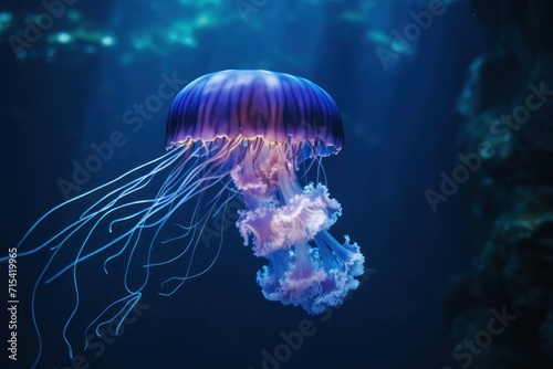  a close up of a jellyfish in an aquarium with blue and purple water and light shining on the bottom of the jellyfish. © Nadia