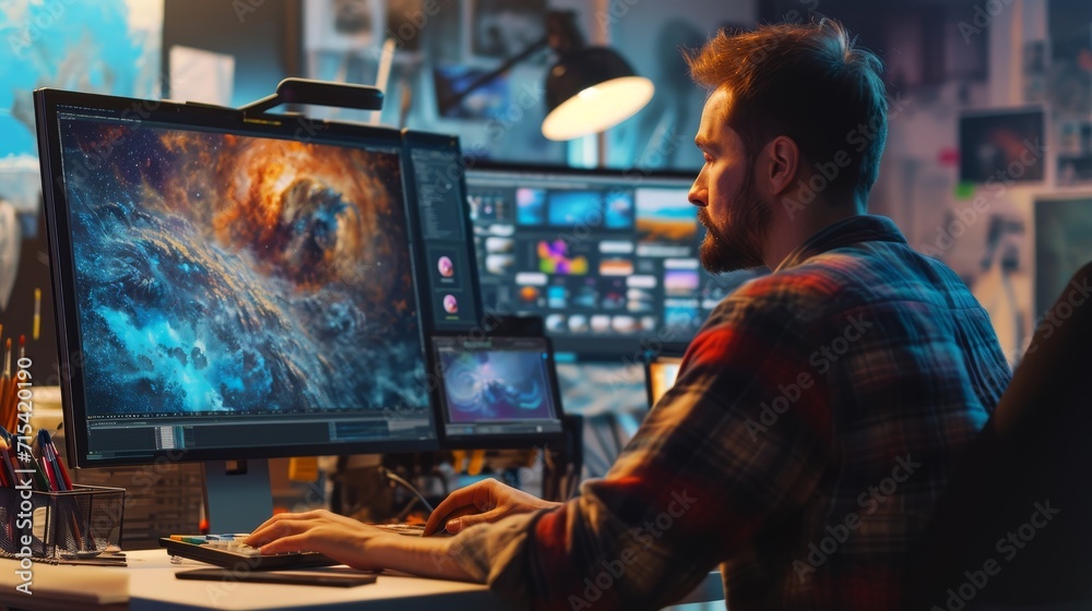 Digital Art Studio: An Artist Creating Vibrant Masterpieces on a High-Resolution Screen in Soft Morning Light