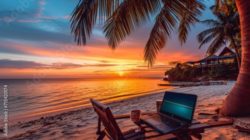 Digital Nomad Paradise: Wireless Connectivity Enabling Work on a Tropical Beach During a Vibrant Sunset