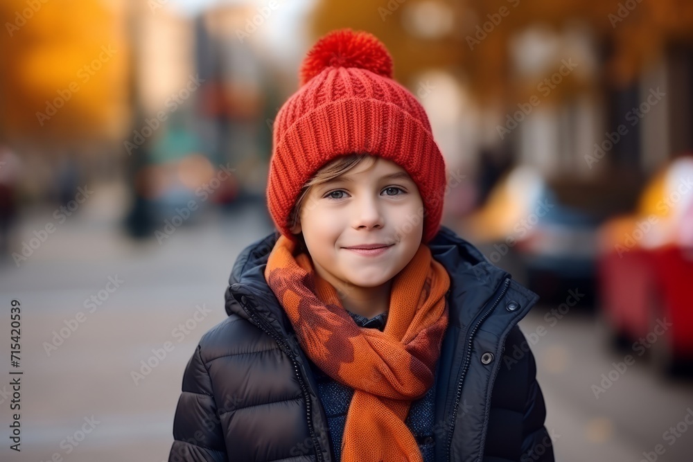 Portrait of a cute little boy in red hat and scarf on the street Portrait of a cute little boy in red hat and scarf on the street