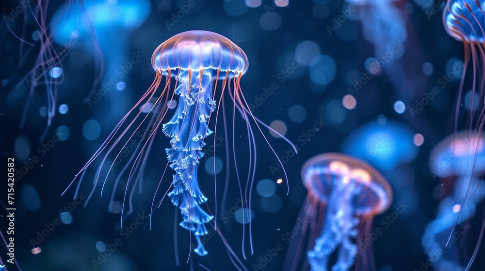 Fototapeta premium Glowing Jellyfish Ballet: Bioluminescent Creatures Dancing in an Oceanic Wonderland at Night