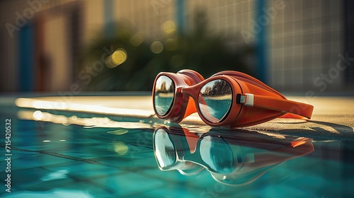 Swimming goggles and a kickboard by the poolside, hinting at swim training. photo
