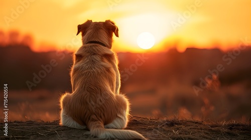 Back view of a sitting dog against sunset background, background image, generative AI photo