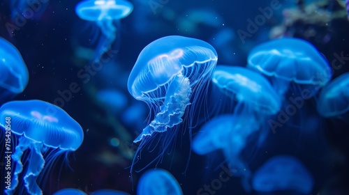Glowing Jellyfish Ballet: Bioluminescent Creatures Dancing in an Oceanic Wonderland at Night © MAY