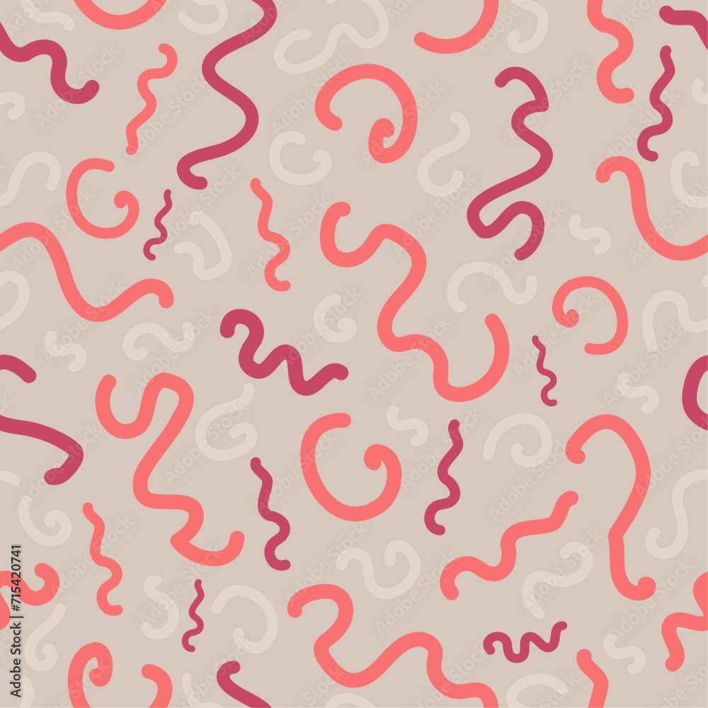 Abstract curvy lines vector seamless pattern. Peach fuzz and mauve doodle lines on subtle beige background. Creative surface art texture for printing on fabric, wrapping, textile, wallpaper, apparel