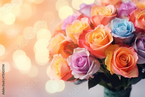  a bouquet of multicolored roses in a vase with a boke of lights in the backround.