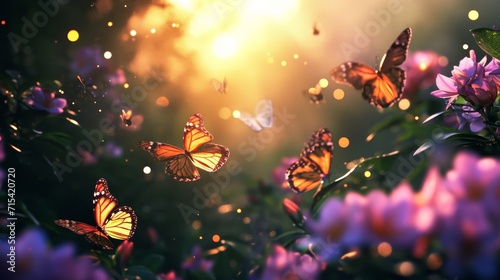 Luminous Butterfly Garden: Glowing Butterflies Fluttering Amidst Radiant Blossoms in Morning Light © MAY