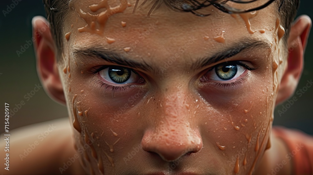 Intense close-up of a young athlete's face with beads of sweat. Intense close-up of a young athlete's face with beads of sweat.