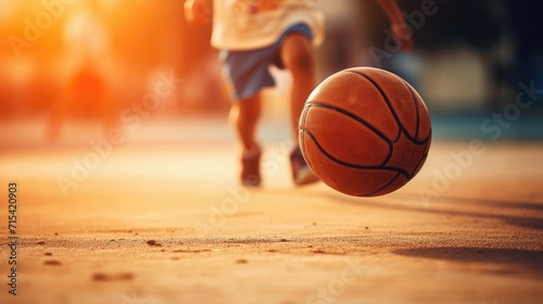 A basketball in motion on an outdoor court with a player in the background. © AdriFerrer