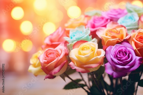  a bouquet of multicolored roses in a vase on a table with a boke of lights in the background.