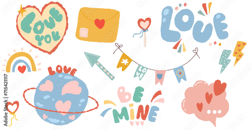 Valentine's Day stickers. Set of love cute illustrations for stickers, banners, cards, brochures. Valentine's Day stickers. Set of love cute illustrations for stickers, banners, cards, brochures.