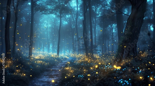 Bioluminescent Forest  Enchanted Fireflies Illuminating a Mystical Grove at Twilight
