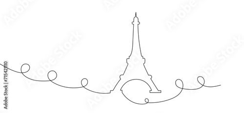 Continuous one line drawing of Paris Eiffel tower. Doodle vector illustration . French landmarks and city architecture in simple linear style. Editable stroke.