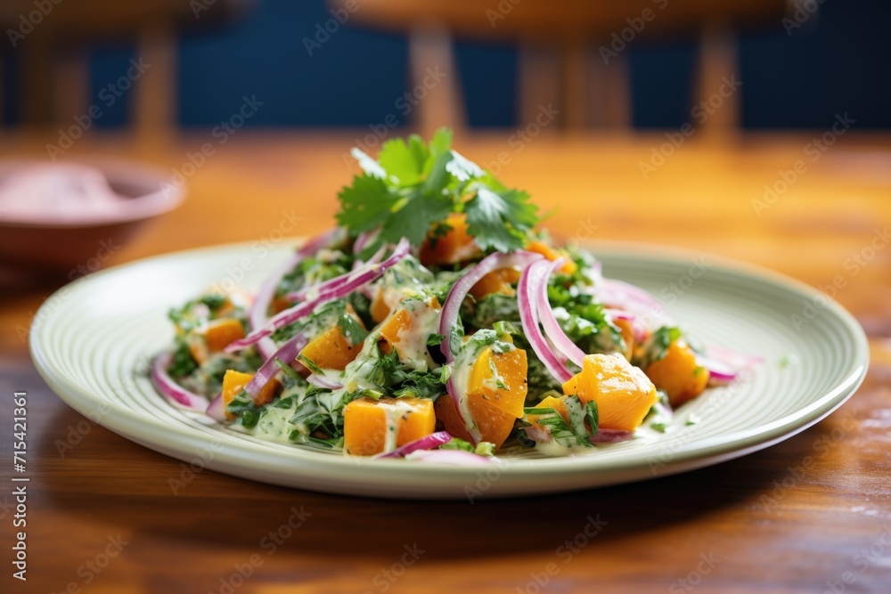 butternut salad with red onion, cilantro, lime dressing on plate butternut salad with red onion, cilantro, lime dressing on plate