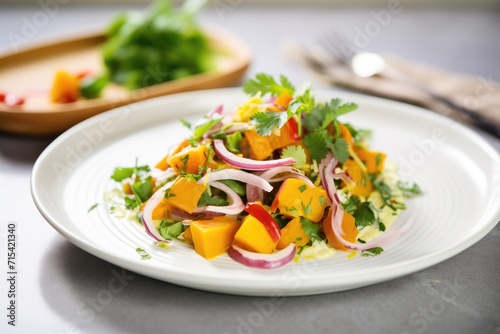 butternut salad with red onion, cilantro, lime dressing on plate