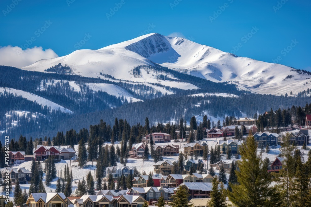  a snow covered mountain with houses in the foreground and trees in the foreground, with a blue sky in the background.