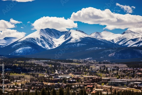  a view of a mountain range with a town in the foreground and snow - capped mountains in the background.