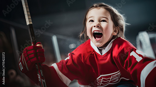 Young girl in a hockey jersey ecstatically cheering with a hockey stick in hand. photo