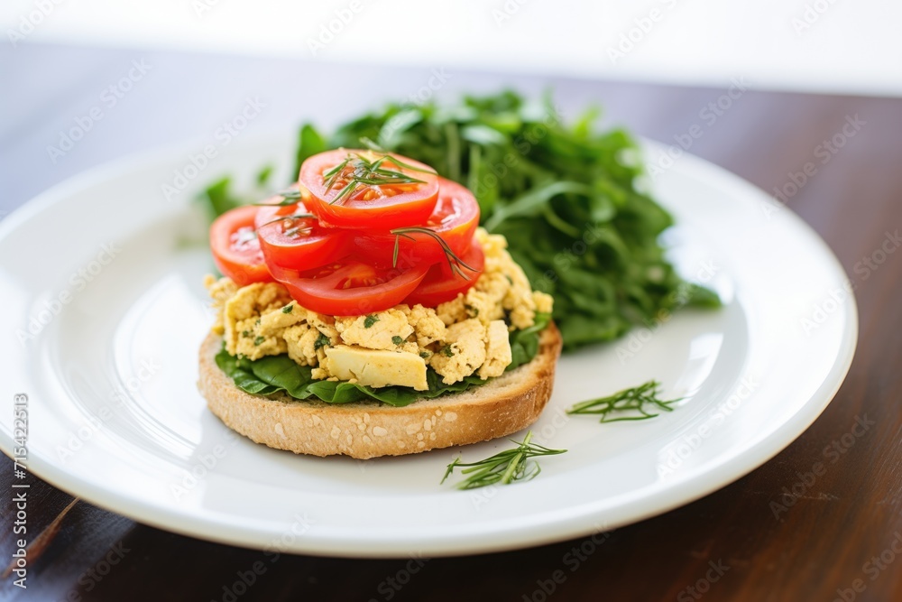 scrambled tofu on a bagel with arugula and sliced tomato