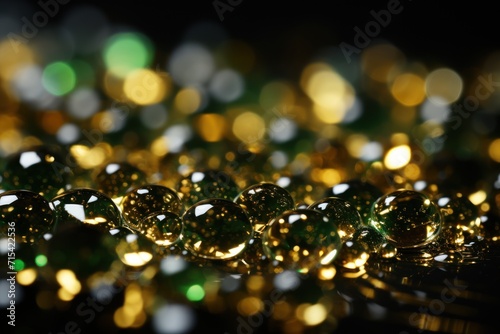  a close up of a bunch of shiny balls of different sizes and colors on a black surface with a blurry background.