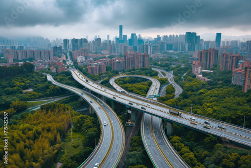 Aerial view of highway and overpass in city on a cloudy day 