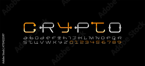 Technical silver gold future font, digital cyber alphabet, golden universal letters from A to Z and numbers from 0 to 9 for interface design, vector illustration 10EPS