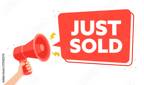 Vibrant Red Megaphone Announcement Sign Proclaiming Just Sold to Notify of a Completed Sale