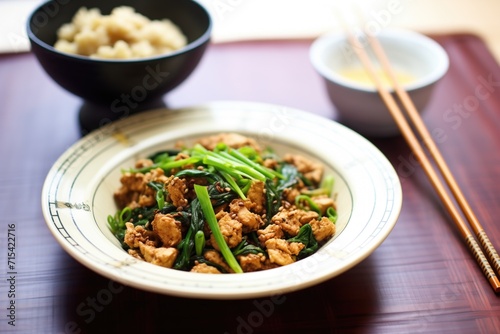 asian style scrambled tofu with soy sauce and scallions