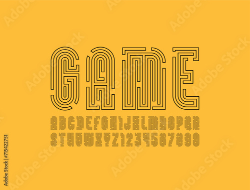 Contour geometric font from thin line maze style, alphabet, gap linear labyrinth letters and numbers, vector illustrator 10 eps