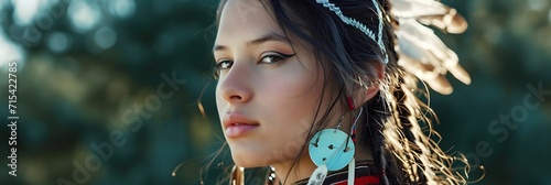 Portrait of a Native American Sioux Indian woman against nature background, background image, generative AI photo