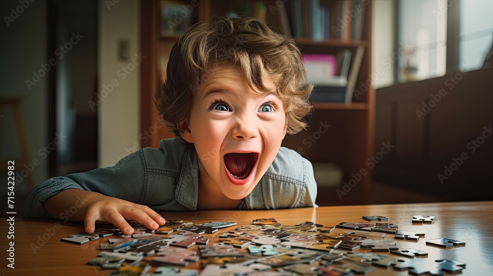 Young boy excitedly playing with puzzle pieces on a table. Young boy excitedly playing with puzzle pieces on a table.