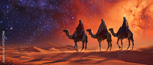 Nomads traverse an endless desert under a majestic star-studded sky, accompanied by their faithful camels
