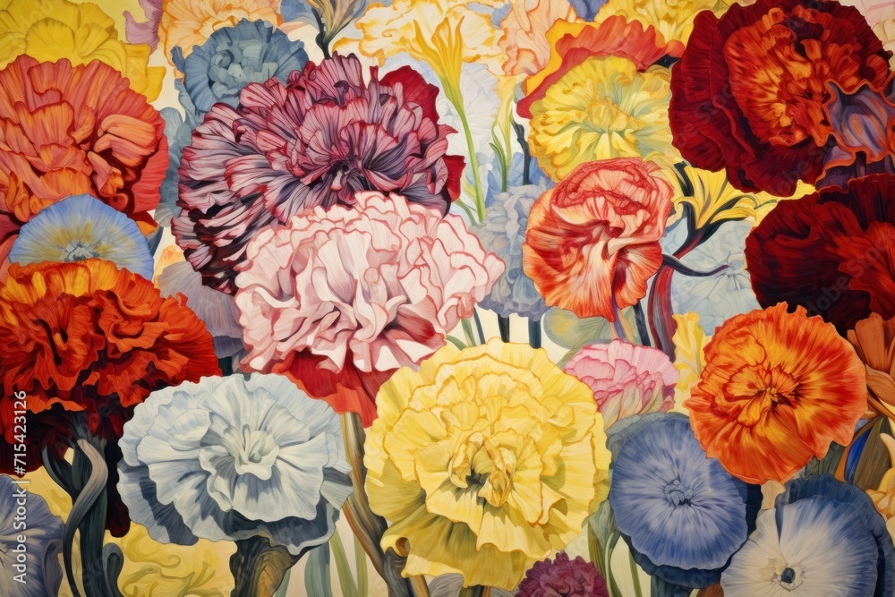  a painting of a bunch of flowers with many colors of flowers in the middle of the picture and the bottom half of the flowers in the middle of the picture.