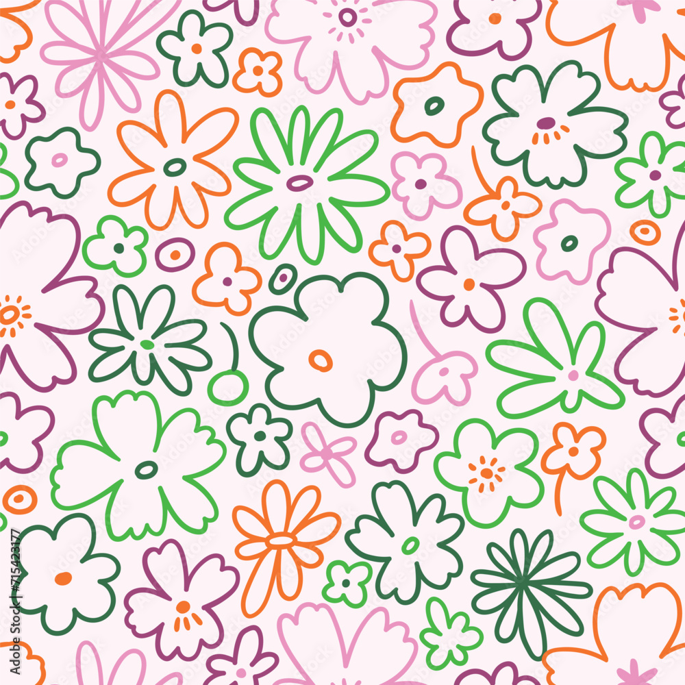 Vector doodle floral seamless pattern. Hand-drawn flower seamless fabric design. Blossoming design in pink and green colors. 