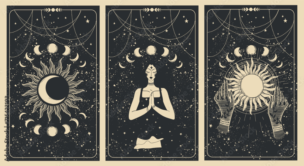 Magic banner with sun, moon and meditating woman, set of tarot cards, celestial boho background for astrology, fortune telling. Flat hand drawn vector illustration. - obrazy, fototapety, plakaty 