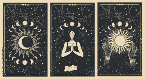 Magic banner with sun, moon and meditating woman, set of tarot cards, celestial boho background for astrology, fortune telling. Flat hand drawn vector illustration.
