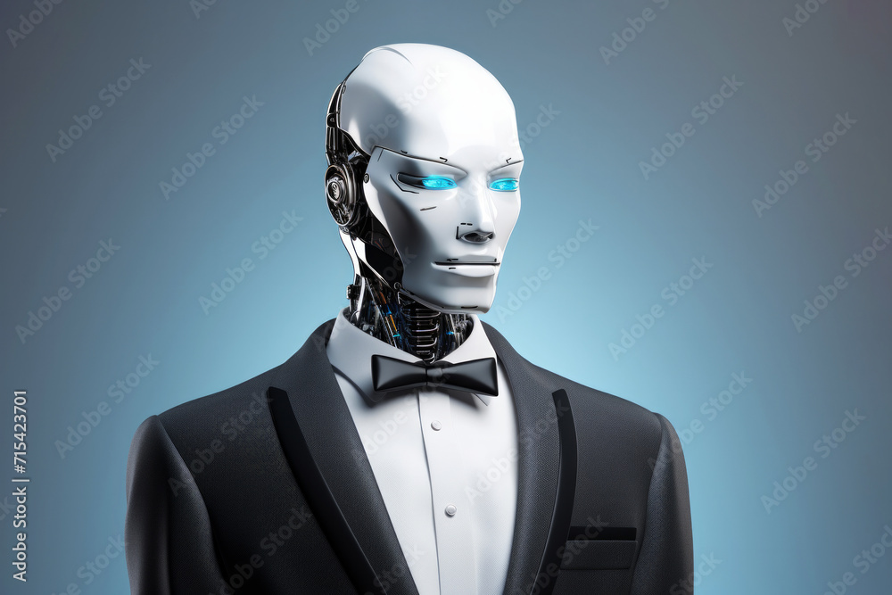 Humanoid robot dressed in a formal black tuxedo suit on a minimal blue background